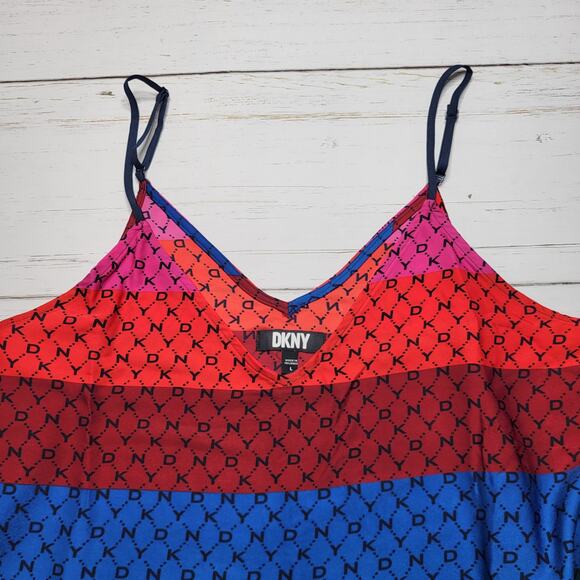 DKNY Rainbow Stripe Logo Tank Mini Dress Spaghetti Strap Red Yellow Pink Large - Picture 3 of 10